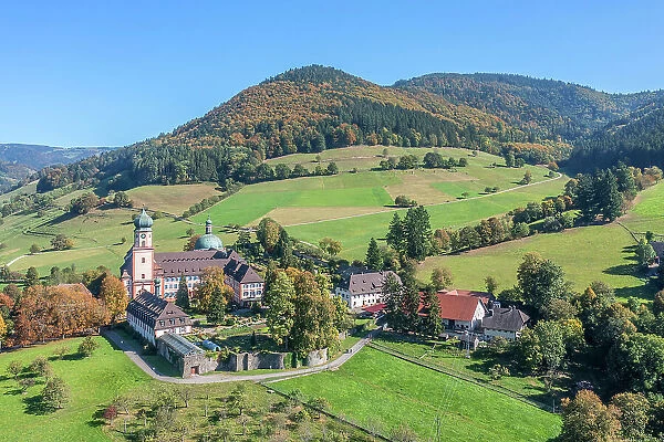 Aerial view at the St. Trudpert monastry, Munster valley, Black Forest, Baden-Wurttemberg, Germany