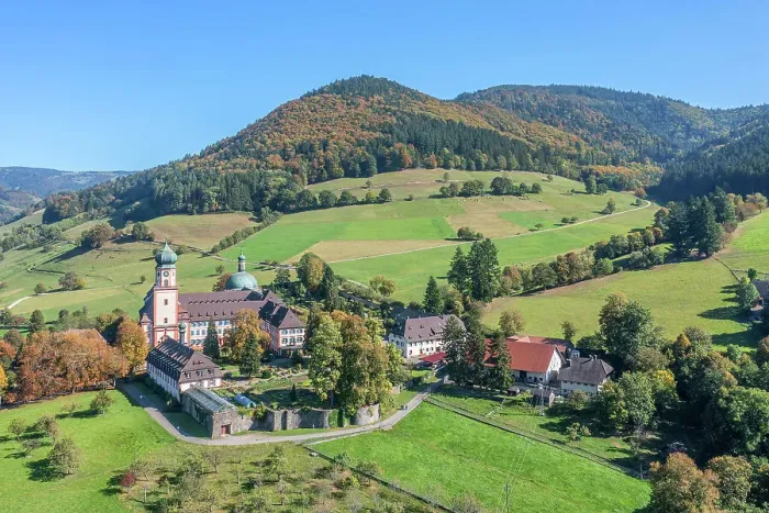Framed Print : Aerial view at the St. Trudpert monastry, Munster valley, Black Forest, Baden-Wurttemberg, Germany