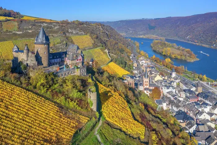 Framed Print : Aerial view at the Stahleck castle with Bacharach, Rhine valley, Rhineland-Palatinate Framed Print : Aerial view at the Stahleck castle with Bacharach, Rhine valley, Rhineland-Palatinate