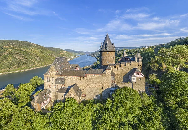 Aerial view at Stahleck castle with river Rhine at Bacharach, Rhine valley