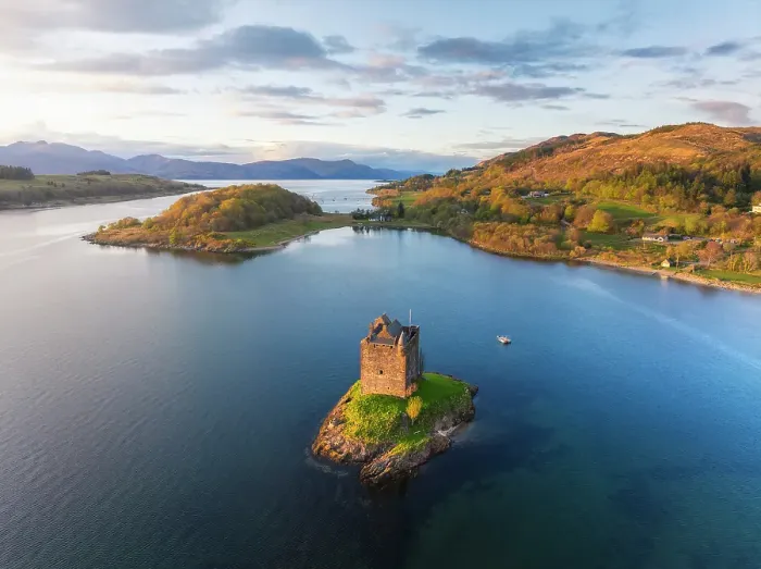 Framed Print : Aerial view of Stalker Castle during sunset, Loch Laich, Argyll, Port Appin, Highlands, Scotland, United Kingdom Framed Print : Aerial view of Stalker Castle during sunset, Loch Laich, Argyll, Port Appin, Highlands, Scotland, United Kingdom