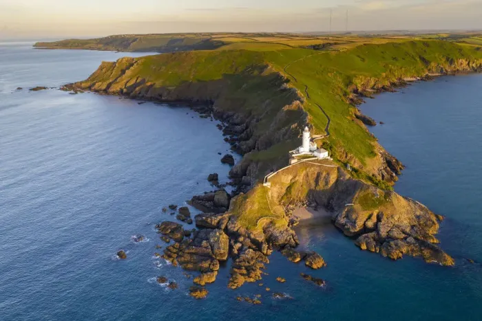 Framed Print : Aerial view of Start Point lighthouse and headland, South Hams, Devon, England Framed Print : Aerial view of Start Point lighthouse and headland, South Hams, Devon, England