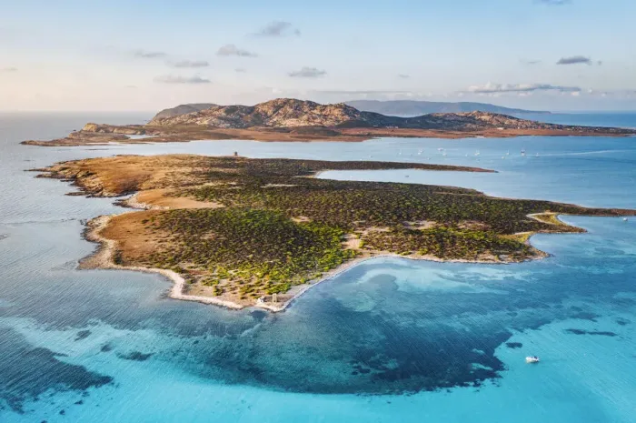 Framed Print : Aerial view of Stintino beach. Stintino, Sassari province, Sardegna, Italy