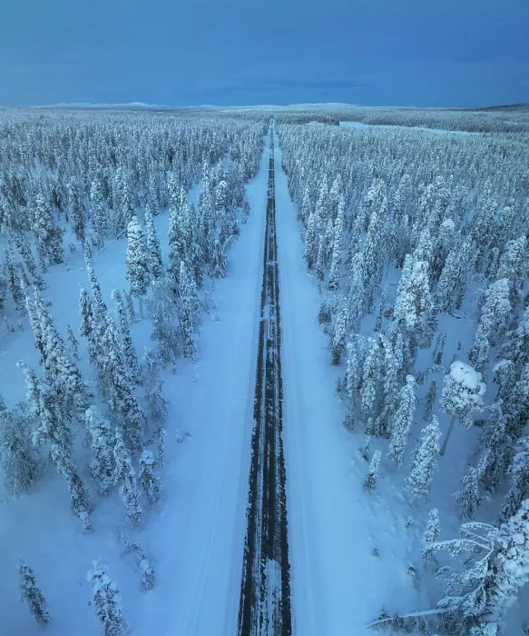 Framed Print : Aerial view of straight road during a winter evening in the Yllas-Pallastunturi National Park, Lapland, Finland Framed Print : Aerial view of straight road during a winter evening in the Yllas-Pallastunturi National Park, Lapland, Finland
