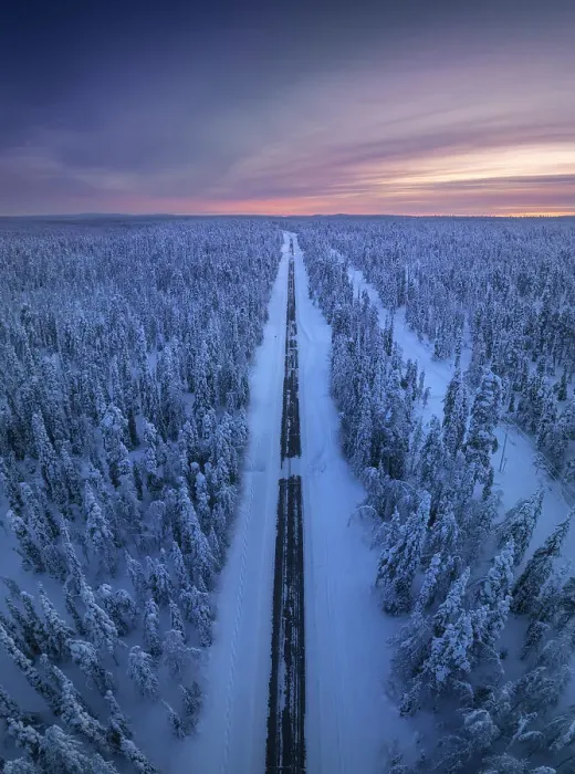 Framed Print : Aerial view of straight road during a winter evening in the Yllas-Pallastunturi National Park, Lapland, Finland Framed Print : Aerial view of straight road during a winter evening in the Yllas-Pallastunturi National Park, Lapland, Finland
