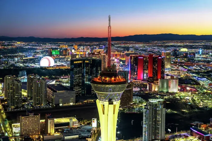 Framed Print : Aerial View of Stratosphere Tower & Strip at Night, Las Vegas, Nevada, USA