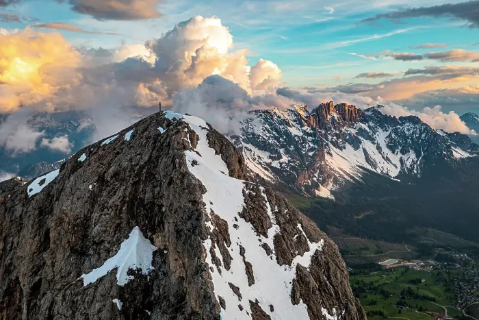 Framed Print : Aerial view of summit cross on Roda di Vael snowy peak and Latemar range at sunset, Val di Fassa, Dolomites, South Tyrol, Italy Framed Print : Aerial view of summit cross on Roda di Vael snowy peak and Latemar range at sunset, Val di Fassa, Dolomites, South Tyrol, Italy