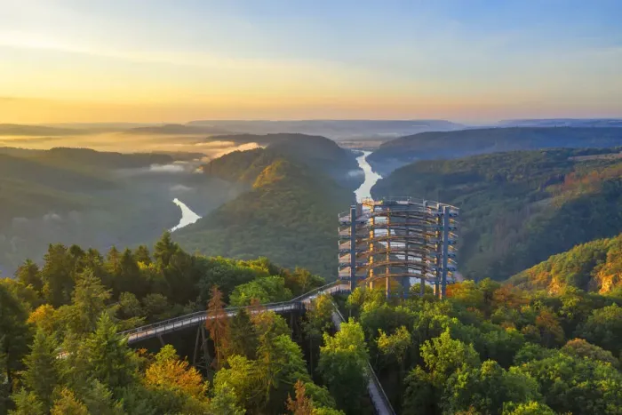 Framed Print : Aerial view on the sunrise above the Baumwipfelpfad, treetop walk at the Grand Saar Framed Print : Aerial view on the sunrise above the Baumwipfelpfad, treetop walk at the Grand Saar