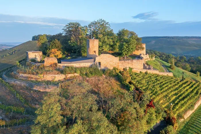Framed Print : Aerial view of the sunrise at castle ruin Weibertreu, Weinsberg near Heilbronn, Neckar valley, Baden-Wurttemberg, Germany Framed Print : Aerial view of the sunrise at castle ruin Weibertreu, Weinsberg near Heilbronn, Neckar valley, Baden-Wurttemberg, Germany