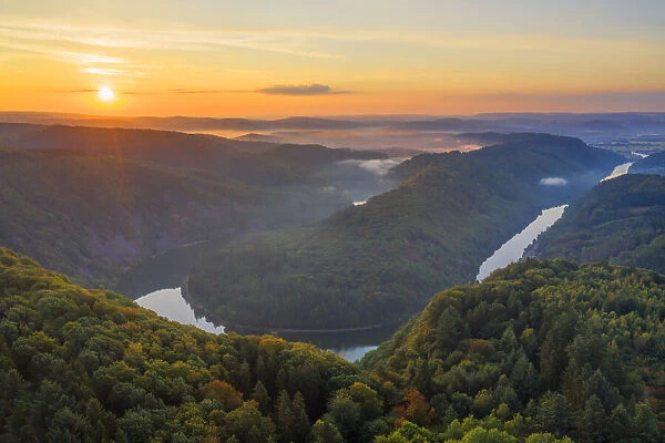 Aerial view on the sunrise at the Grand Saar horseshoe bend, Orscholz, Saarland, Germany
