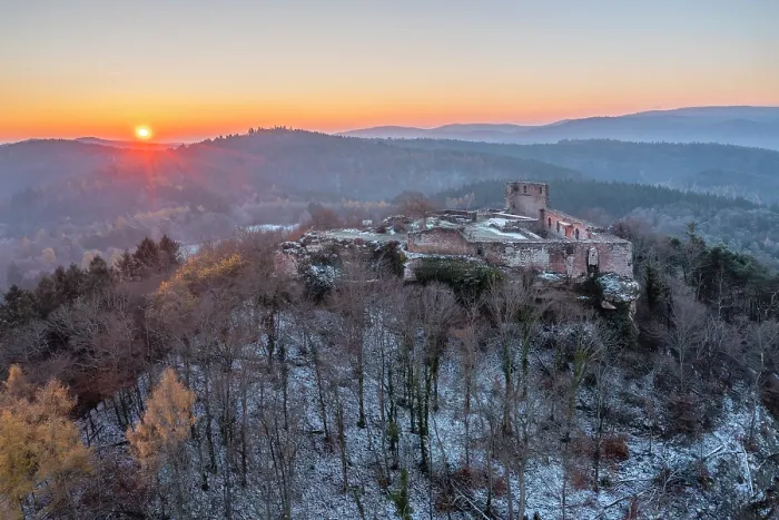 Framed Print : Aerial view at the sunrise above Lindelbrunn castle, Vorderweidenthal, Wasgau, Dahner Felsenland, Palatinate Forest, Rhineland-Palatinate, Germany Framed Print : Aerial view at the sunrise above Lindelbrunn castle, Vorderweidenthal, Wasgau, Dahner Felsenland, Palatinate Forest, Rhineland-Palatinate, Germany