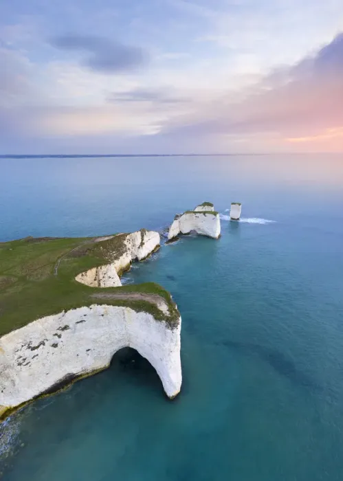 Framed Print : Aerial view at sunrise of the Old Harry Rocks, chalky formations near Handfast Point Framed Print : Aerial view at sunrise of the Old Harry Rocks, chalky formations near Handfast Point