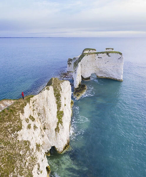 Aerial view at sunrise of the Old Harry Rocks, chalky formations near Handfast Point