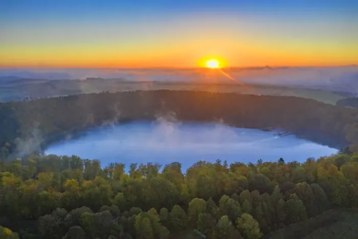 Framed Print : Aerial view on the sunrise above the Pulvermaar, Gillenfeld, Eifel, Rhineland-Palatinate Framed Print : Aerial view on the sunrise above the Pulvermaar, Gillenfeld, Eifel, Rhineland-Palatinate