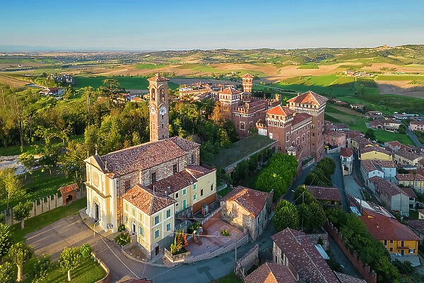 Aerial view at sunset of the Castle of Cereseto, Alessandria district, Monferrato, Piedmont, Italy