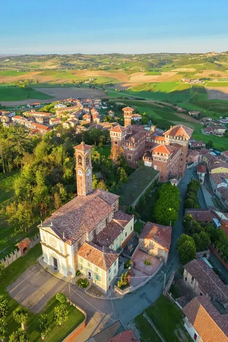 Framed Print : Aerial view at sunset of the Castle of Cereseto, Alessandria district, Monferrato, Piedmont, Italy