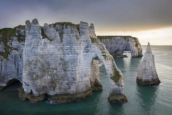 Aerial view of a sunset in front of the cliffs of Etretat, Octeville sur Mer, Le Havre