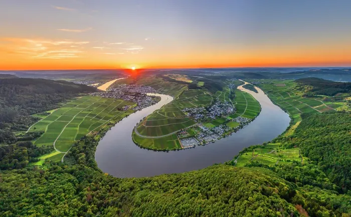 Framed Print : Aerial view at the sunset above five-lake-viewpoint near Mehring, Mosel, Rhineland-Palatinate, Germany