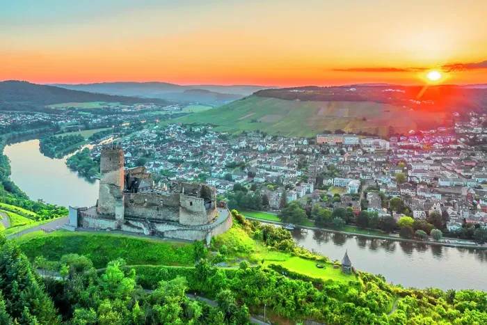 Framed Print : Aerial view at the sunset above Landshut castle, Bernkastel-Kues, Mosel valley, Rhineland-Palatinate, Germany Framed Print : Aerial view at the sunset above Landshut castle, Bernkastel-Kues, Mosel valley, Rhineland-Palatinate, Germany