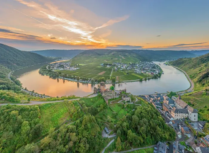 Framed Print : Aerial view at the sunset above Metternich Castle, Beilstein, Moselle Valley, Rhineland-Palatinate, Germany Framed Print : Aerial view at the sunset above Metternich Castle, Beilstein, Moselle Valley, Rhineland-Palatinate, Germany