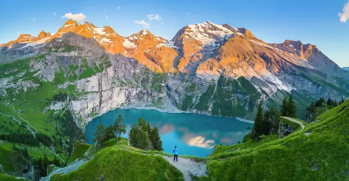 Framed Print : Aerial view of the sunset on the mountains surrounding Oeschinensee. Kandersteg, Bernese Oberland, Frutigen-Niedersimmental administrative district, Canton of Bern, Switzerland Framed Print : Aerial view of the sunset on the mountains surrounding Oeschinensee. Kandersteg, Bernese Oberland, Frutigen-Niedersimmental administrative district, Canton of Bern, Switzerland
