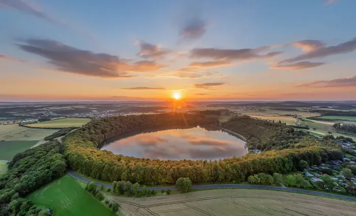 Framed Print : Aerial view on the sunset above the Pulvermaar, Gillenfeld, Eifel, Rhineland-Palatinate, Germany Framed Print : Aerial view on the sunset above the Pulvermaar, Gillenfeld, Eifel, Rhineland-Palatinate, Germany