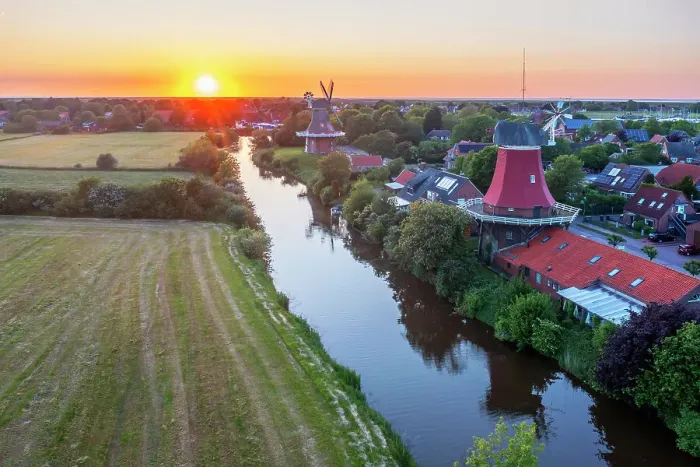 Framed Print : Aerial view at the Sunset at the Twinmills of Greetsiel, Krummhorn, East Frisia, Lower Saxony, Germany Framed Print : Aerial view at the Sunset at the Twinmills of Greetsiel, Krummhorn, East Frisia, Lower Saxony, Germany