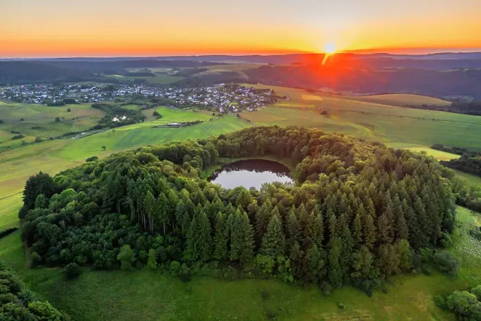 Framed Print : Aerial view on the sunset above Windsborn volcanic crater lake, Eifel, Rhineland-Palatinate, Germany