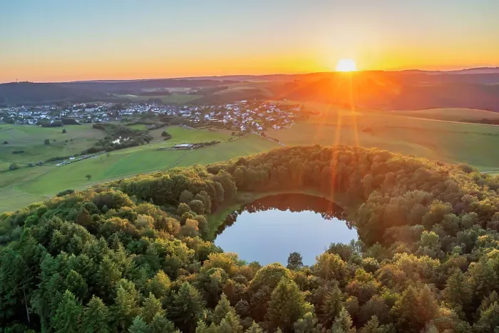Framed Print : Aerial view on the sunset above Windsborn volcanic crater lake, Eifel, Rhineland-Palatinate, Germany Framed Print : Aerial view on the sunset above Windsborn volcanic crater lake, Eifel, Rhineland-Palatinate, Germany