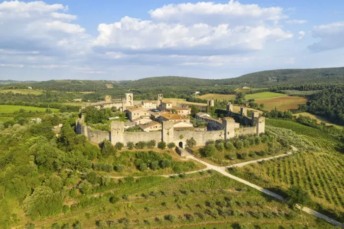 Framed Print : aerial view taken by drone of the historic center of Monteriggioni