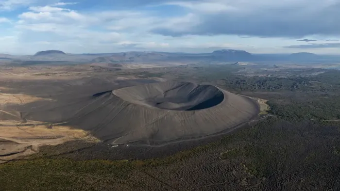Framed Print : aerial view taken by drone of Hverfjall volcano during a summer day, Norduland, Mivathn, Eastern Iceland, Iceland