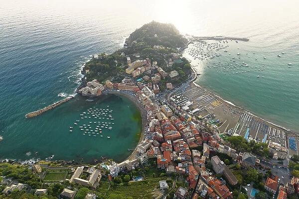 aerial view taken by drone of Silenzio bay, during a warm summer sunset, municipality of Sestri Levante, Genova province, Liguria district, Italy