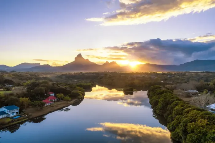 Framed Print : Aerial view of Tamarin bay with Rempart mountain in the background, during the sunrise Framed Print : Aerial view of Tamarin bay with Rempart mountain in the background, during the sunrise