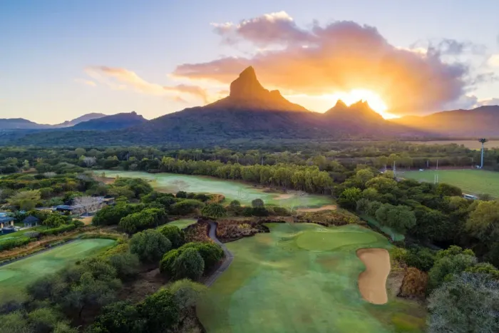 Framed Print : Aerial view of Tamarina golf course with Rempart mountain and Trois mamelles mountain Framed Print : Aerial view of Tamarina golf course with Rempart mountain and Trois mamelles mountain