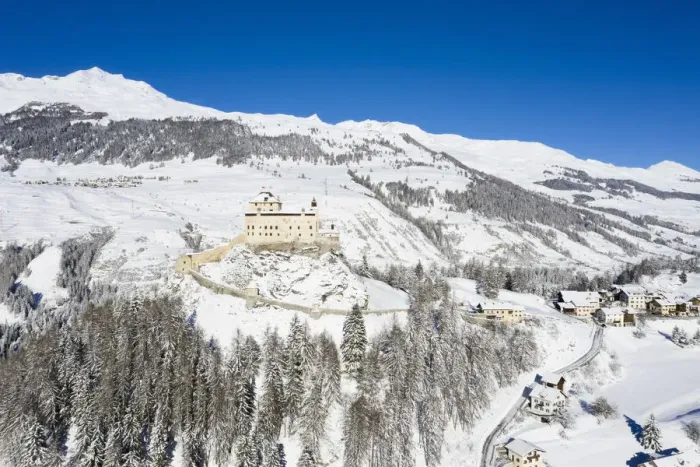 Framed Print : Aerial view of Tarasp castle after snowfall. Tarasp, Lower Engadine, Canton of Grisons Framed Print : Aerial view of Tarasp castle after snowfall. Tarasp, Lower Engadine, Canton of Grisons