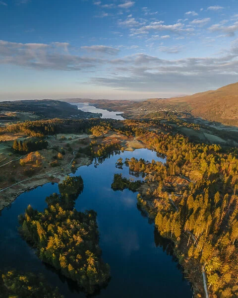 Aerial view over Tarn Hows at dawn, Lake District National Park, Cumbria, England, United Kingdom