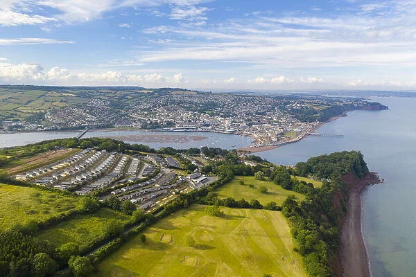 Aerial view of Teignmouth on a sunny summer afternoon, Devon, England. Summer (June) 2020
