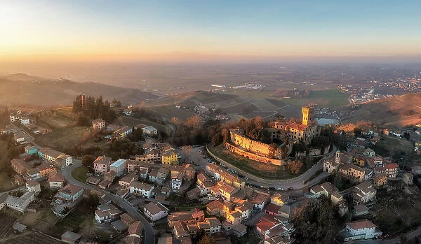 Aerial view of the town of Cigognola and its castle. Cigognola, Oltrepo wine region, Oltrepo pavese, Lombardy, Italy