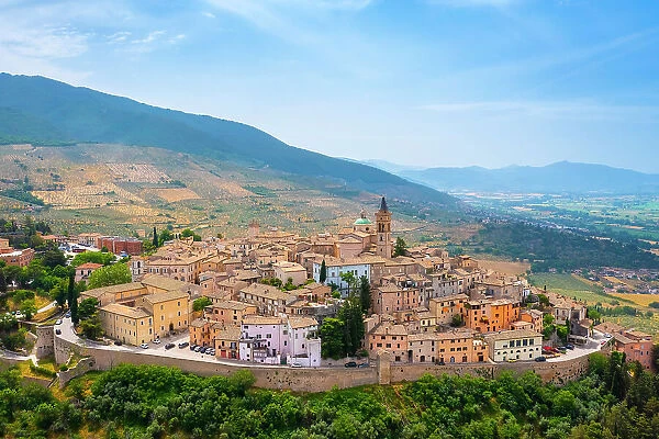 Aerial view of the town of Trevi in spring. Trevi, Perugia district, Umbria, Italy