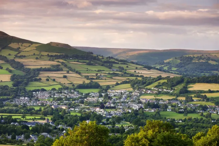 Framed Print : Aerial view of the towns of Crickhowell / Crug Hywel and Llangattock / Llangatwg in Framed Print : Aerial view of the towns of Crickhowell / Crug Hywel and Llangattock / Llangatwg in