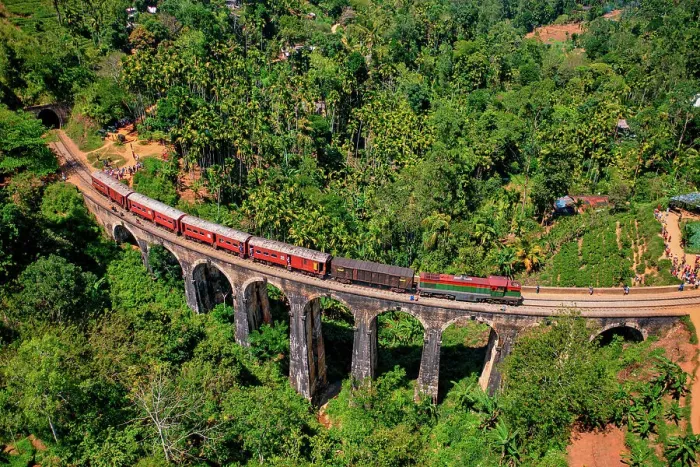 Framed Print : Aerial view of a train crossing the Nine Arch Bridge in Badulla, Sri Lanka Framed Print : Aerial view of a train crossing the Nine Arch Bridge in Badulla, Sri Lanka
