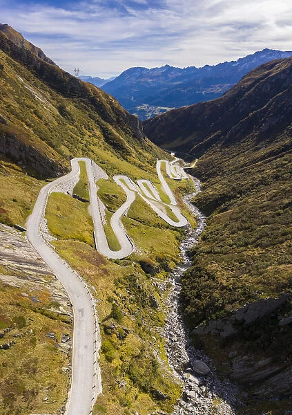 Aerial view of the Tremola San Gottardo road, the longest road monument in Switzerland listed in the inventory of the historic Swiss roads. Passo del San Gottardo, Airolo, Leventina district, Canton Ticino, Switzerland