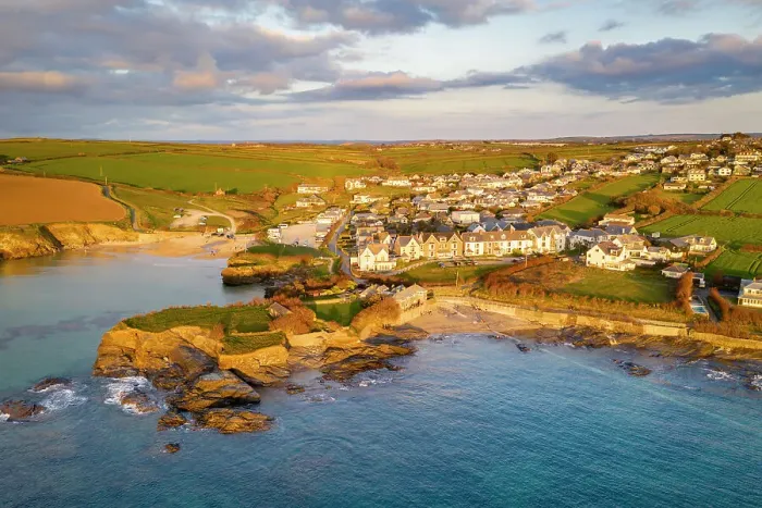 Framed Print : Aerial view of Trevone Bay, beach and village in evening sunlight, Trevone, Cornwall Framed Print : Aerial view of Trevone Bay, beach and village in evening sunlight, Trevone, Cornwall