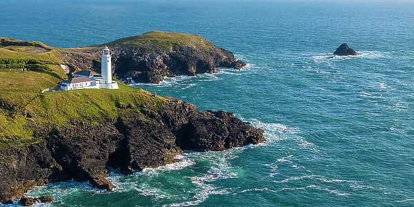 Aerial view of Trevose Head lighthouse near Padstow in North Cornwall, England. Summer (August) 2023