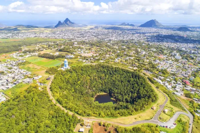 Framed Print : Aerial view of Trou Aux cerfs volcano crater with Curepipe city, Rempart mountain