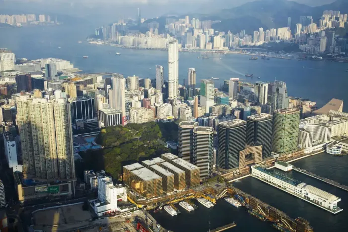 Framed Print : Aerial view of Tsim Sha Tsui from Sky 100 observation deck in ICC (International Commerce Framed Print : Aerial view of Tsim Sha Tsui from Sky 100 observation deck in ICC (International Commerce