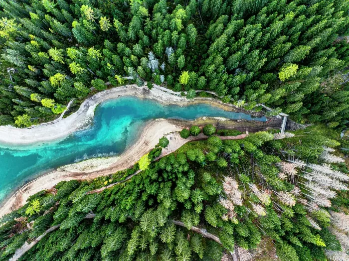 Framed Print : Aerial view of the turquoise colored water of Lake Braies / Pragser Wildsee in a lush autumn forest, Dolomites, South Tyrol, Italy Framed Print : Aerial view of the turquoise colored water of Lake Braies / Pragser Wildsee in a lush autumn forest, Dolomites, South Tyrol, Italy