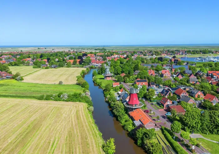 Framed Print : Aerial view of the Twinmills of Greetsiel, Krummhorn, East Frisia, Lower Saxony, Germany