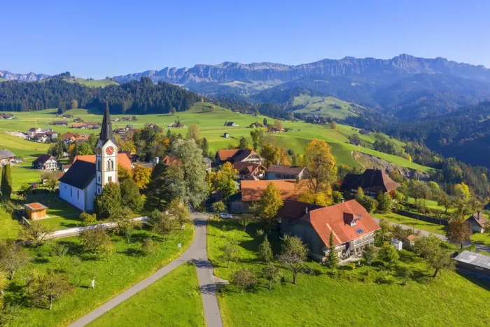 Framed Print : Aerial view on Unterlangenegg, Emmental region, Berner Oberland, Switzerland Framed Print : Aerial view on Unterlangenegg, Emmental region, Berner Oberland, Switzerland