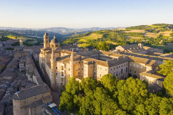 Framed Print : Aerial view of Urbino old town at sunset. Urbino, Marche, Italy, Europe Framed Print : Aerial view of Urbino old town at sunset. Urbino, Marche, Italy, Europe